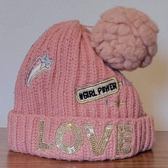 ❣️HP❣️Children's Place pink sequin LOVE Girl Power tabagon pom tassel hat sz:S - Picture 1 of 4